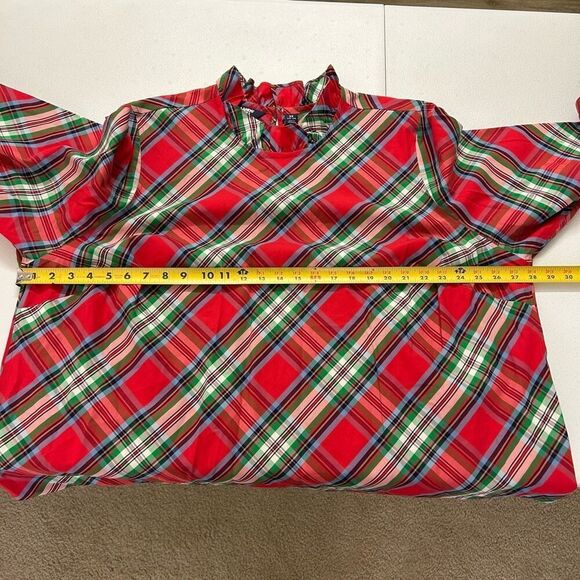 Lands’ End Red Tartan Plaid Ruffle Neck Blouse 3X 100% Cotton Holiday Top - Picture 9 of 11